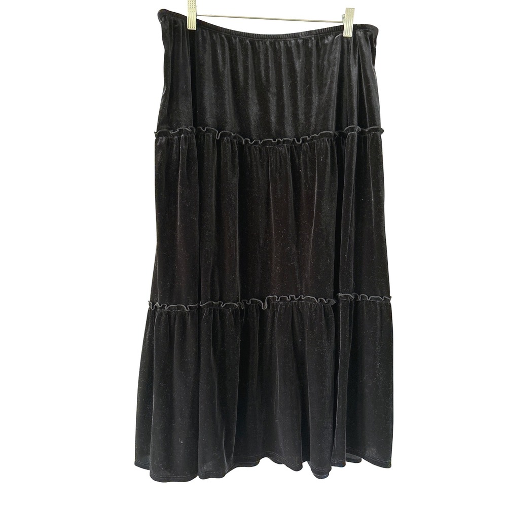 Notations Woman Black Velvet Tiered Midi Skirt Plus Size 1X Elastic Waist‎